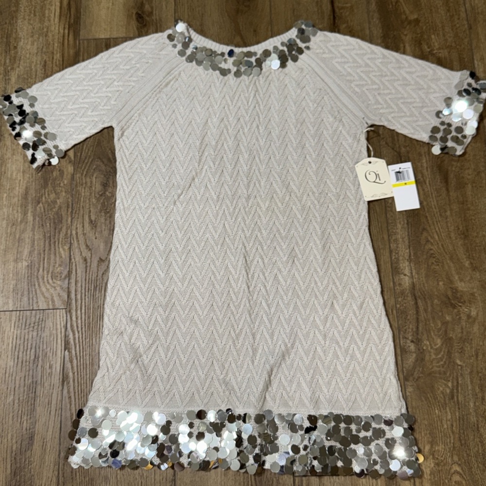 Qi‎ Women's Cream And Sequin Mini Sweater Dress Medium
